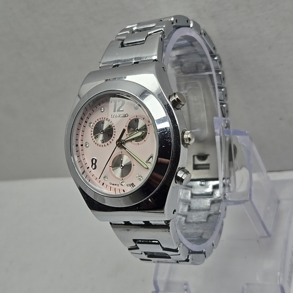 Womens Longbo Chronograph Pink Silver Tone Watch New Battery - Picture 2 of 10